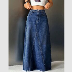 Boho blue denim high waisted maxi skirt dark blue